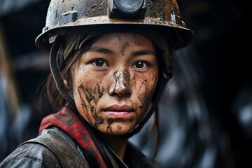 Generative ai technology portrait of mine worker wearing helmet extracting coal resources dirty face