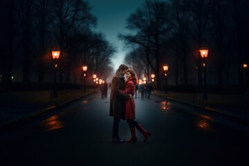 Young couple hugging in a park at night. Valentines Day.