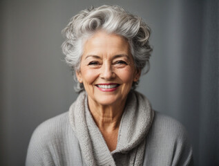 Fototapeta premium Beautiful gorgeous 50s mid age beautiful elderly senior model woman with grey hair laughing and smiling on a gray background