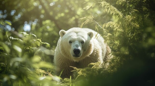 AI generated illustration of a polar bear in a jungle in a green jungle