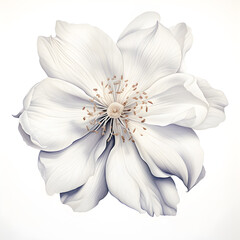 white flower isolated on white, A botanical illustration of flower, petals, stamen and pistil on white background.