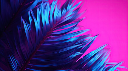  a close up of a purple and blue feather on a pink background.  generative ai