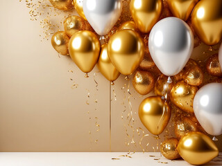 Luxury balloon celebration birthday or advert  background and border concept in gold colour scheme...