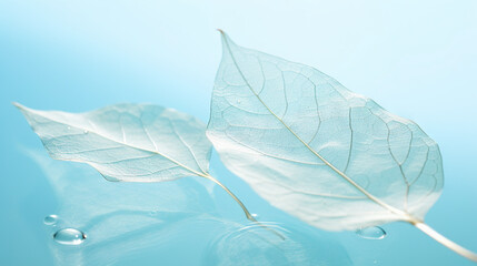  two white leaves with water droplets on them on a blue background.  generative ai