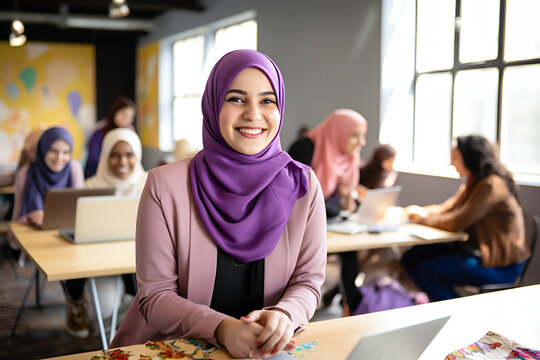 Empowered Hijabi Woman Navigating Online Endeavors with Joy