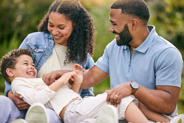 Tickle, relax and happy with family in garden for playful, bonding and love. Happiness, relax and...