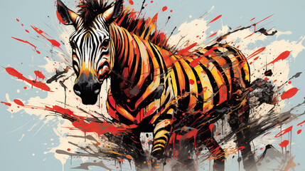  a painting of a zebra with paint splatters on it.  generative ai