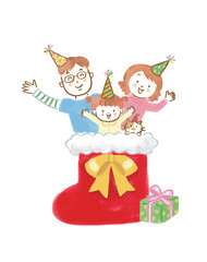 クリスマスブーツから飛び出て手を振る笑顔の３人家族と猫