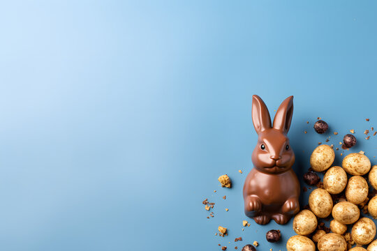 Image of eggs and rabbit in easter theme on light blue color background 