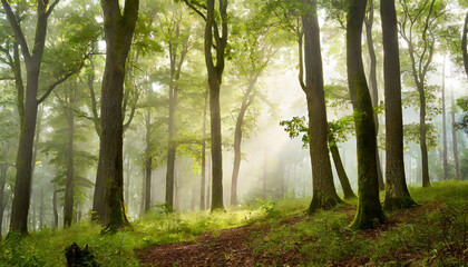 Fototapeta na wymiar Misty Forest with Ancient Trees