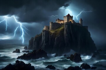 An ancient European castle perched atop a craggy cliff overlooking a stormy sea