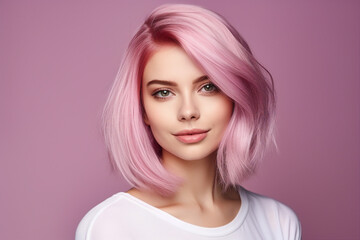 Generative ai picture of beautiful fashion model woman demonstrating perfect haircut pink stylish...