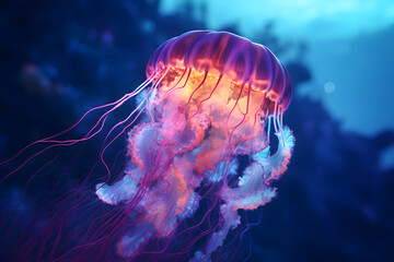 jelly fish in the water, Portrait of jellyfish macro Light, swimming colorful in blue sea ocean depth. - obrazy, fototapety, plakaty