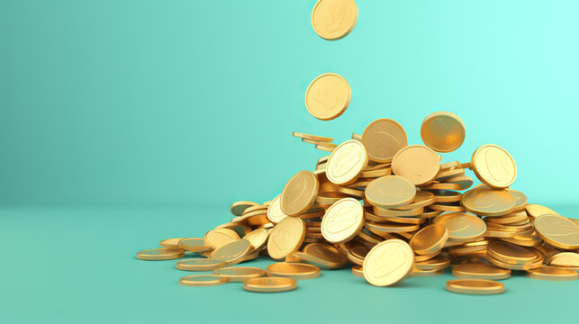  a pile of gold coins falling into the air on a blue background.  generative ai