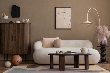 Creative composition of aesthetic living room interior with mock up poster frame, boucle sofa,...