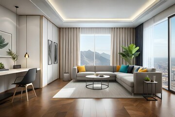 Fototapeta na wymiar AI generated illustration of a contemporary living room with a comfortable sofa