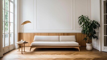 AI generated illustration of a cozy living room with a wooden floor and bright white walls