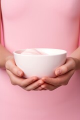 Fototapeta na wymiar Hand woman background closeup healthy food white female cream bowl clean