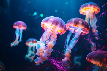 jelly fish in the water, Portrait of jellyfish macro Light, swimming colorful in blue sea ocean depth.