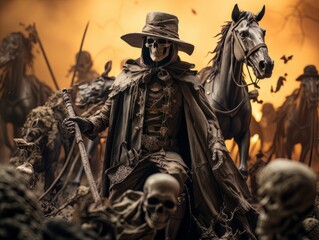 Black horseman skull of apocalypse riding black horse AI