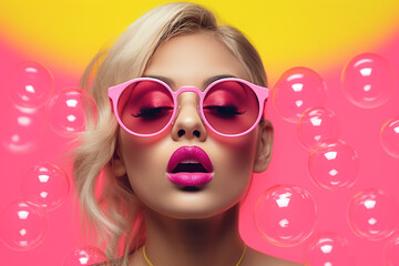 Fototapeta premium Fashion, make-up, style concept. Beautiful blonde woman with soap bubbles and sunglasses minimalist close-up studio portrait. Vivid colors, pop-art style