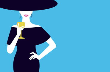 Vector flat style elegant lady in a hat with graphic glass of wine. Banner with woman holding a glass of alcohol drink with a place for your text. Element for your design logo, poster, menu.