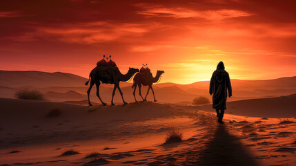 camels in the desert at su rose - obrazy, fototapety, plakaty