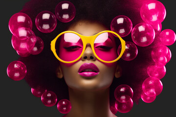 Fashion, make-up, style concept. Beautiful afro woman with soap bubbles and sunglasses minimalist close-up studio portrait. Vivid colors, pop-art style - obrazy, fototapety, plakaty