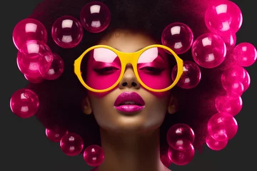 Rolgordijnen Fashion, make-up, style concept. Beautiful afro woman with soap bubbles and sunglasses minimalist close-up studio portrait. Vivid colors, pop-art style © Rytis