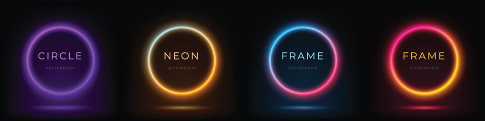 Set of different color illuminate frame design. Abstract cosmic vibrant color circle backdrop. Collection of glowing neon lighting on dark background with copy space. Top view futuristic style