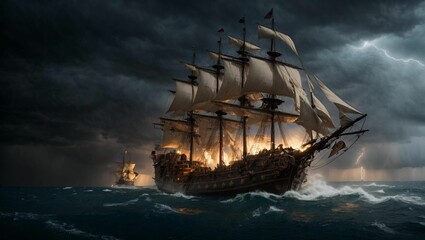 Fototapeta premium AI generated illustration of a majestic ship sailing across a choppy ocean beneath a tumultuous sky