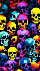 AI generated illustration of brightly coloured skulls arranged against a dark background
