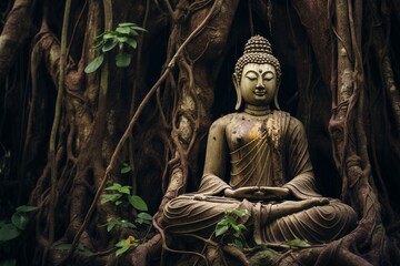 Ancient Buddha Statue Beneath a Towering Tree