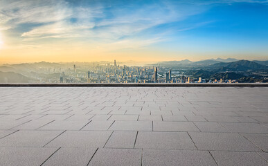 Brick floor space and Shenzhen financial district skyline background