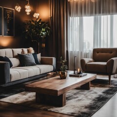 AI generated illustration of a warm living room with brown walls and comfortable sofas