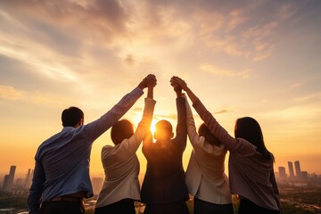 Teamwork Triumph: Business Group Celebrating Success at Sunset