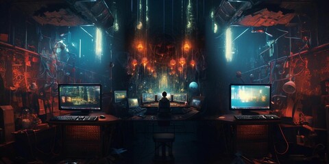 AI generated illustration of a boy in a darkened room with multiple computers