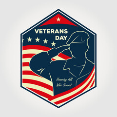 Veterans day poster template. US Army soldier saluting against USA Flag. Vector illustration