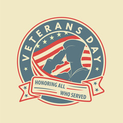 Veterans day poster template. US Navy sailor saluting against USA Flag. Vector illustration
