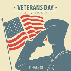 Veterans day poster template. US Navy sailor saluting against USA Flag. Vector illustration