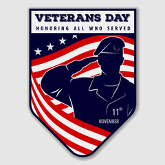 Veteran's day poster template. Shield with US Army soldier saluting against USA Flag. Vector illustration.