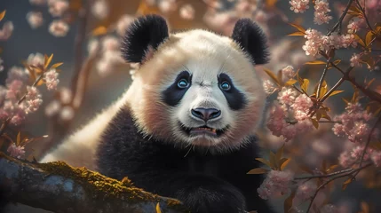Schilderijen op glas Giant panda bear in the bamboo forest with pink flowers. Generative AI.  © Artistic Avenue