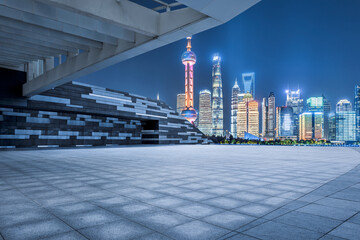 Square floor with city buildings skyline background in Shanghai