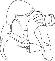 Single one line drawing photographer of paparazzi taking photo with modern digital camera with angles. Journalist or reporter making pictures. Continuous line draw design graphic vector illustration