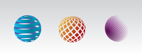 Set of three 3D sphere globe high technology digital network. vector logo design template. - obrazy, fototapety, plakaty