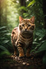 Naklejka na ściany i meble AI generated illustration of A striped tabby cat leisurely walking through a serene woodland area