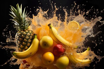 banana ananas fruits explosion  - obrazy, fototapety, plakaty