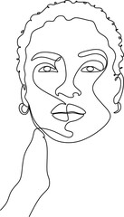 Line Art Woman Face Drawing. Black Woman Vector. Afro American Female Logo. Contouring Line. Minimalist Face. Beauty salon
