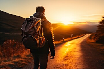Close-Up: Backpack-Wearing Tourist Walking Toward Sunrise on the Road - obrazy, fototapety, plakaty