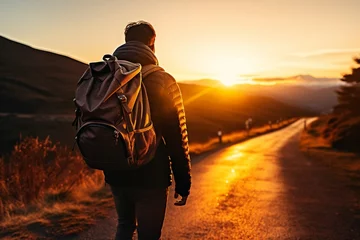 Foto op Plexiglas Close-Up: Backpack-Wearing Tourist Walking Toward Sunrise on the Road © pierre